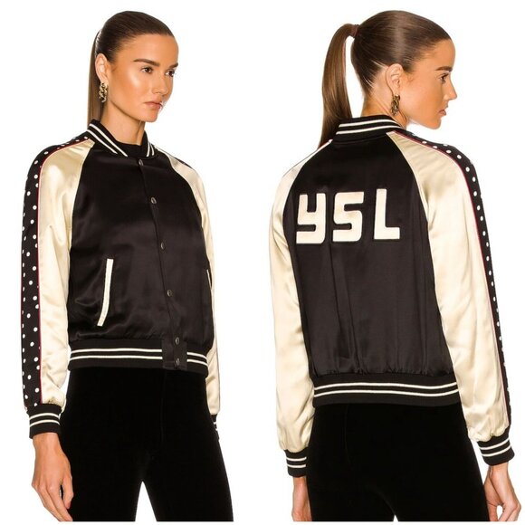 $2,990 Saint Laurent Polka Dot Trim Teddy Raglan Satin Bomber Jacket S YSL Logo
